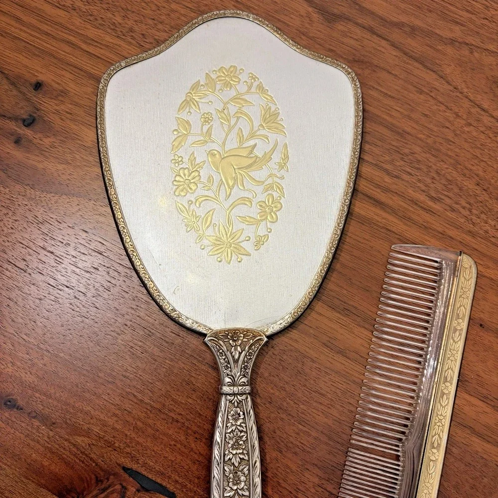 Vintage 1950s Hollywood Regency Gold Plated Mirror Brush Comb Vanity Set Bird
